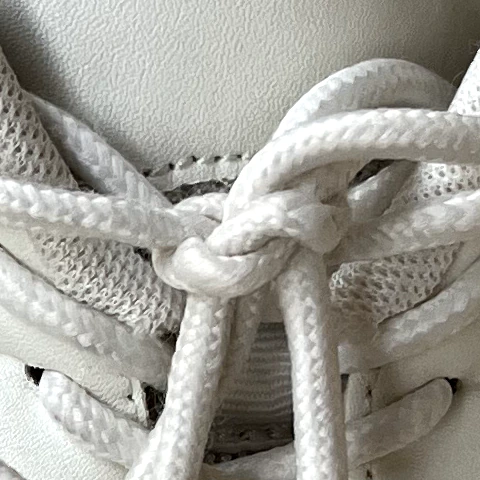 Close-up of the sneaker's laces and mesh in the original phone photo.